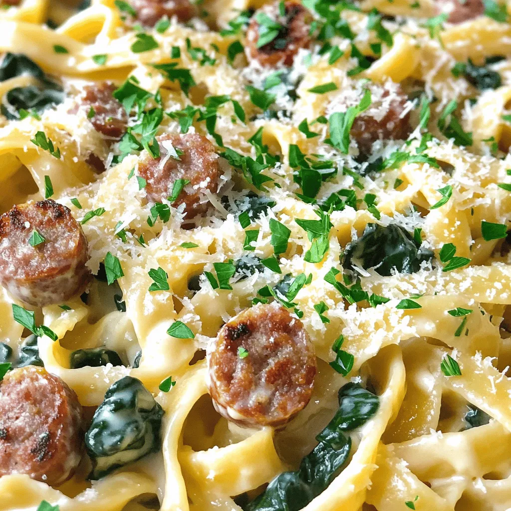 - 12 oz fettuccine pasta - 1 lb Italian sausage (mild or spicy, sliced) - 2 cups heavy cream - 1 cup freshly grated Parmesan cheese