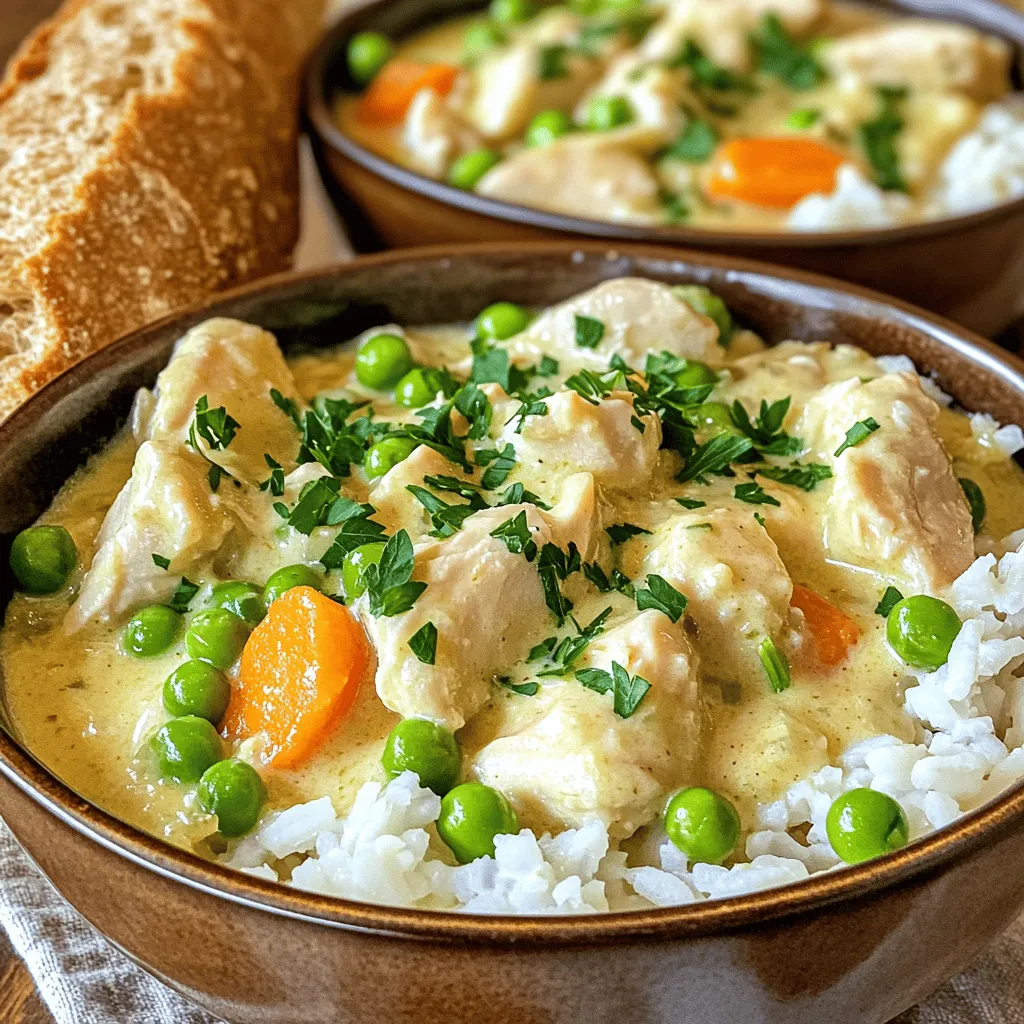 To make creamy chicken and rice, you will need: - 2 cups cooked rice (white or brown) - 2 chicken breasts, diced - 1 cup chicken broth - 1 cup heavy cream - 1 cup frozen peas and carrots mix - 1 yellow onion, finely chopped - 3 cloves garlic, minced - 1 teaspoon dried thyme - 1 teaspoon paprika - Salt and pepper to taste - 2 tablespoons olive oil - Fresh parsley, chopped (for garnish)