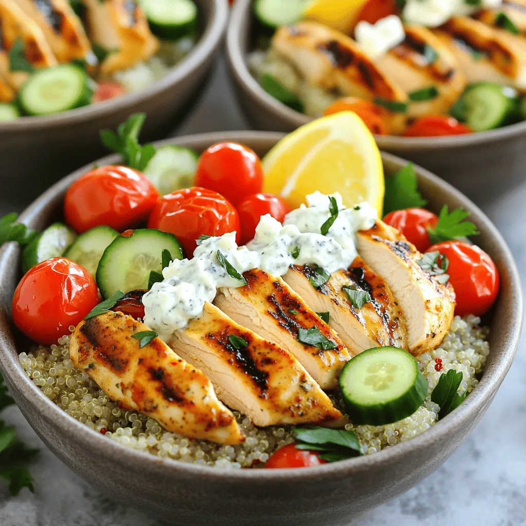 - 2 boneless, skinless chicken breasts - 1 cup cooked quinoa - 1 cup cherry tomatoes, halved - 1 cucumber, diced - 1 red bell pepper, chopped