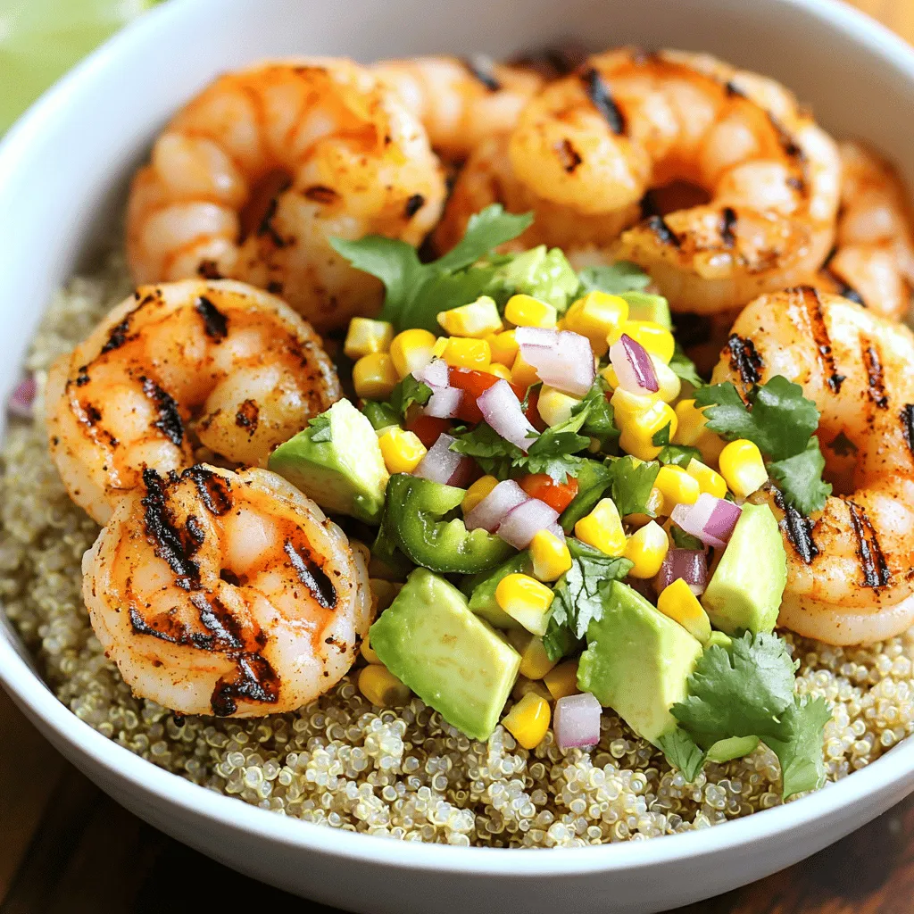 - 1 pound large shrimp, peeled and deveined - 1 cup cooked quinoa - 1 avocado, diced - 1 cup fresh corn kernels - Seasoning components: olive oil, garlic powder, paprika, salt, and pepper
