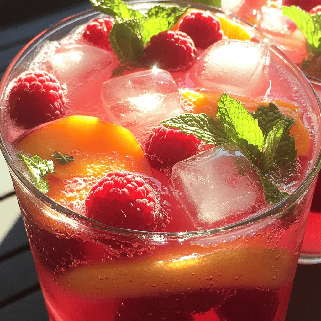 - 1 cup fresh raspberries - 2 ripe peaches, pitted and sliced - 4 cups water - 1 cup fresh lemon juice (about 4-6 lemons) - 1/2 cup granulated sugar (adjust to taste) - Fresh mint leaves for garnish - Ice cubes