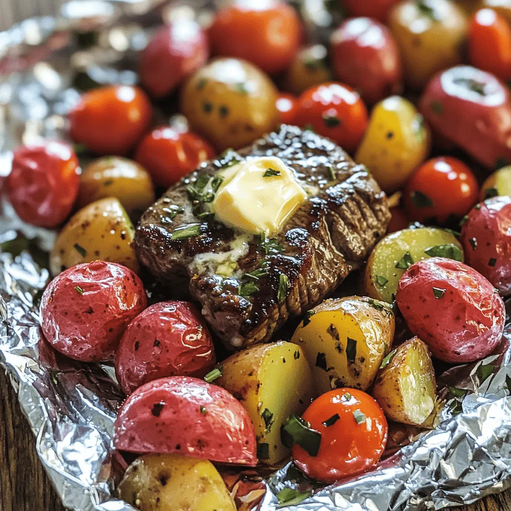 - 1 lb flank steak, cut into bite-sized pieces - 4 medium red potatoes, diced - 1 cup cherry tomatoes, halved